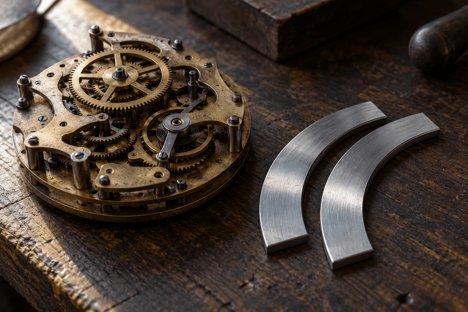 Conceptual still-life photograph of an unmarked clock movement beside matching curved metal strips. A fictional metaphor for reproducible origins, not a historical artifact or research apparatus.