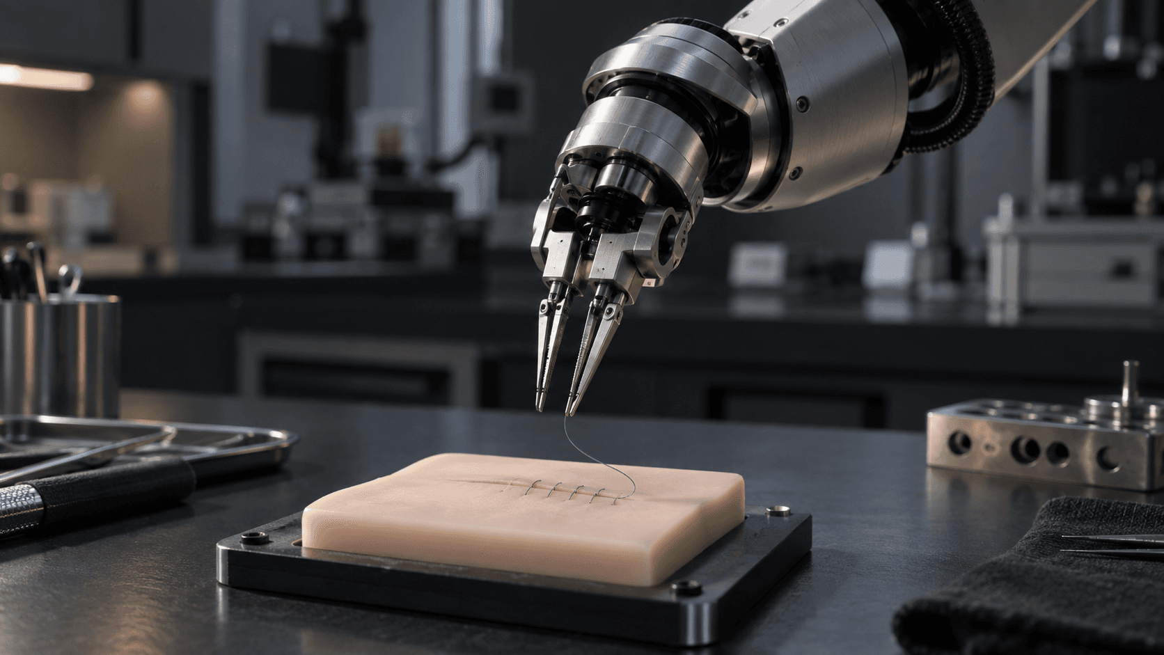 Conceptual editorial photograph of an unbranded robotic gripper above an artificial silicone training pad in a fictional laboratory, not an actual DARPA test or clinical procedure.