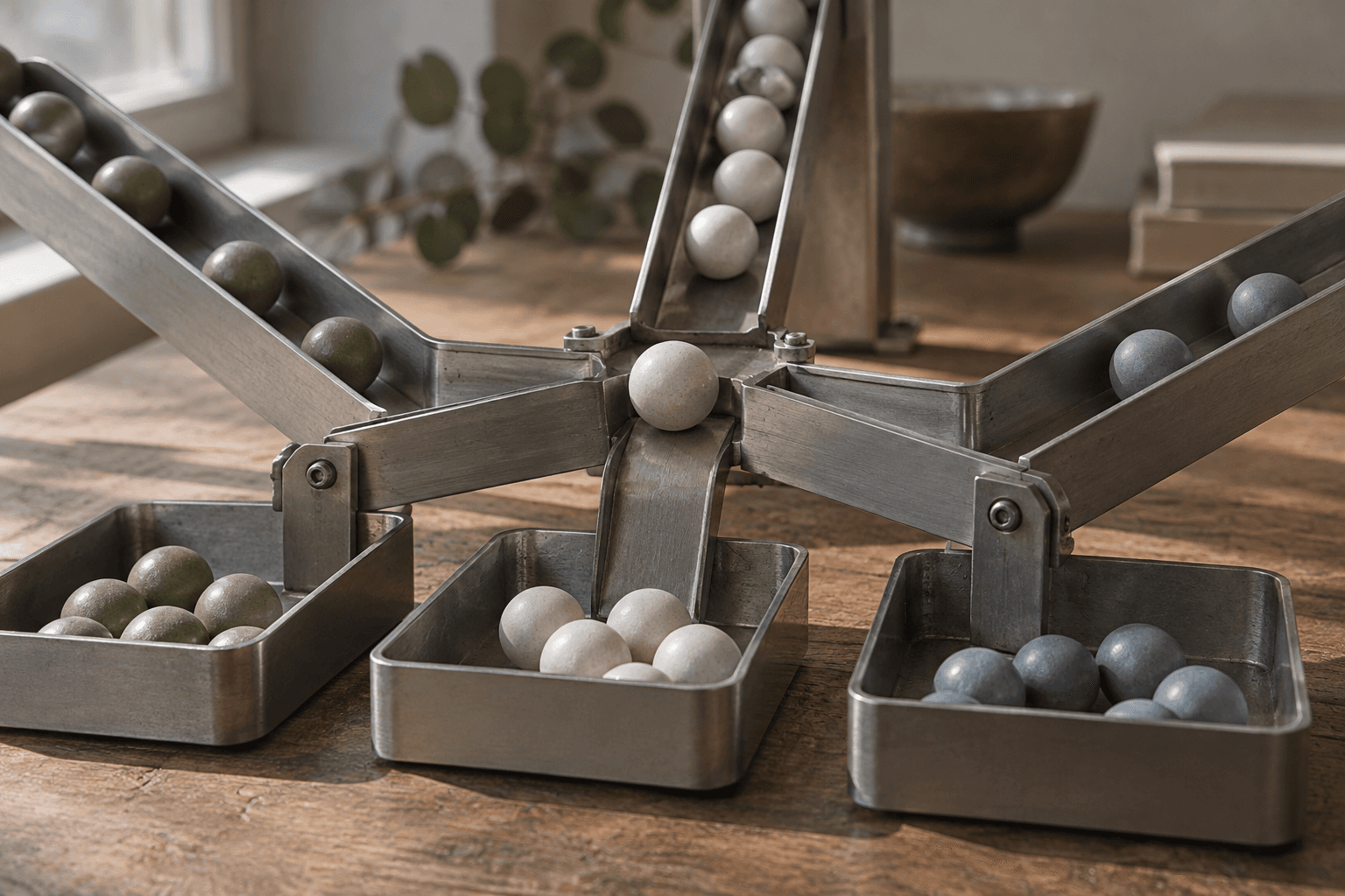 Conceptual still-life photograph of unbranded metal channels sorting ceramic spheres into trays. A fictional illustration of bounded choices, not a product test or company facility.