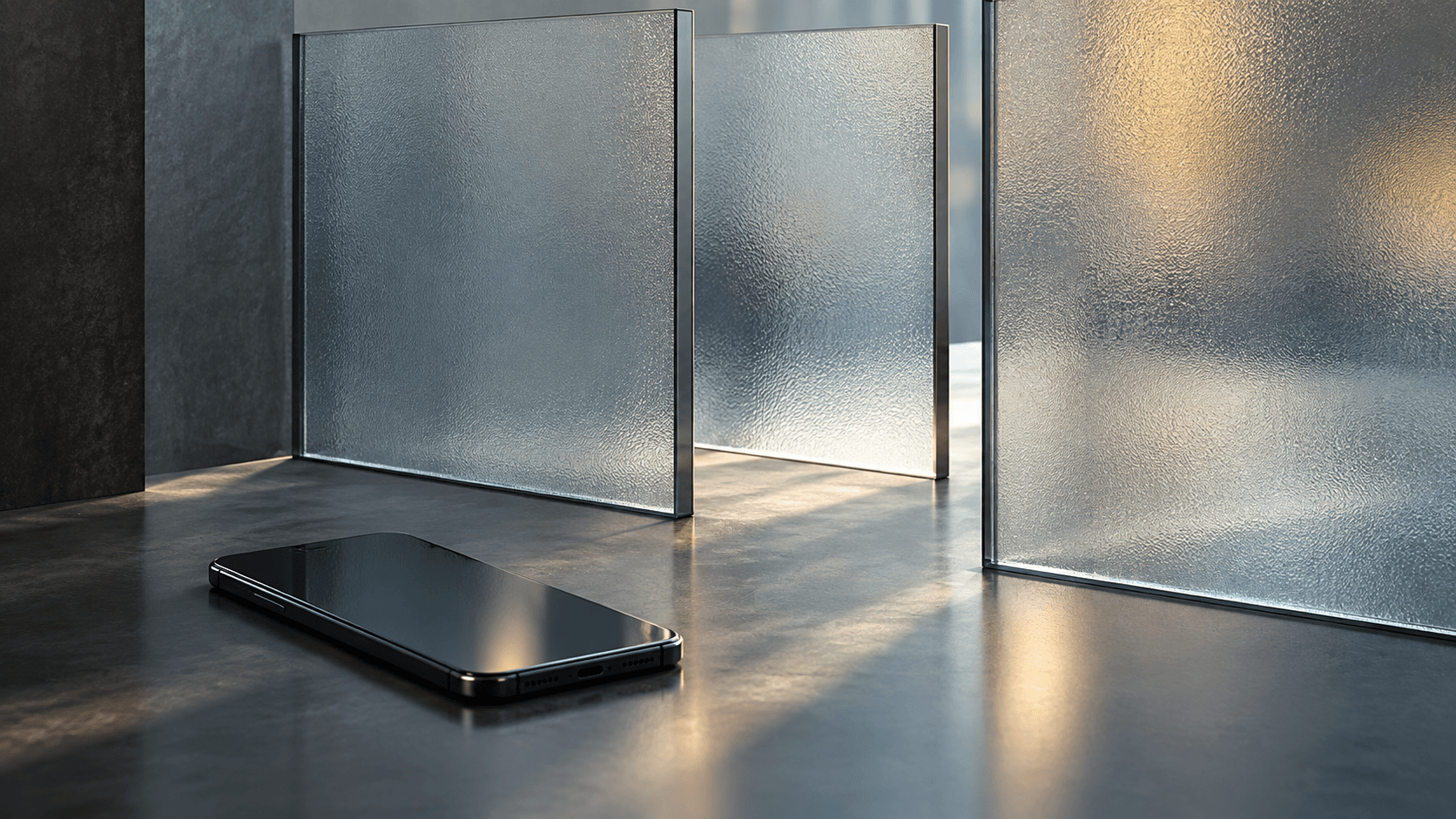 Conceptual studio photograph of an unbranded phone and frosted-glass partitions, not a Discord interface or documented event.