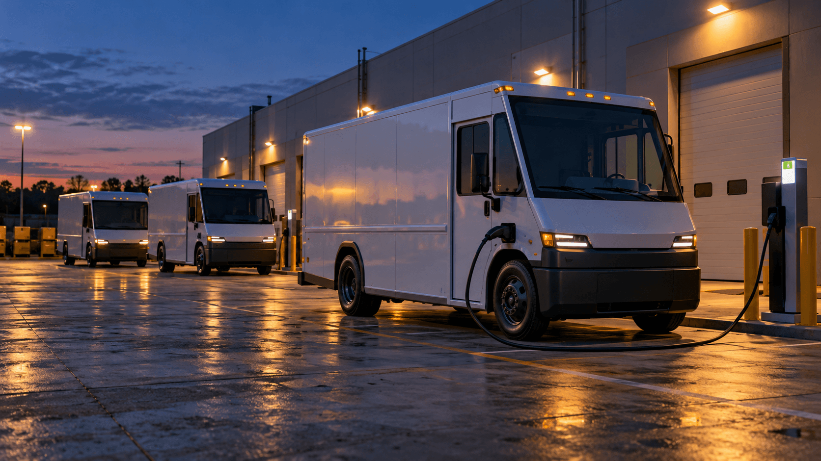 Conceptual photograph of unbranded electric delivery vans at a fictional charging depot, not a documentary image of FedEx vehicles or a Harbinger facility.