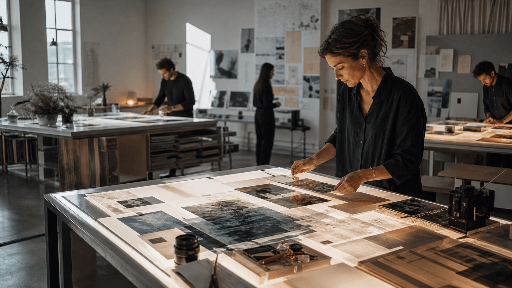 A creative team arranging photographic layers across illuminated studio worktables