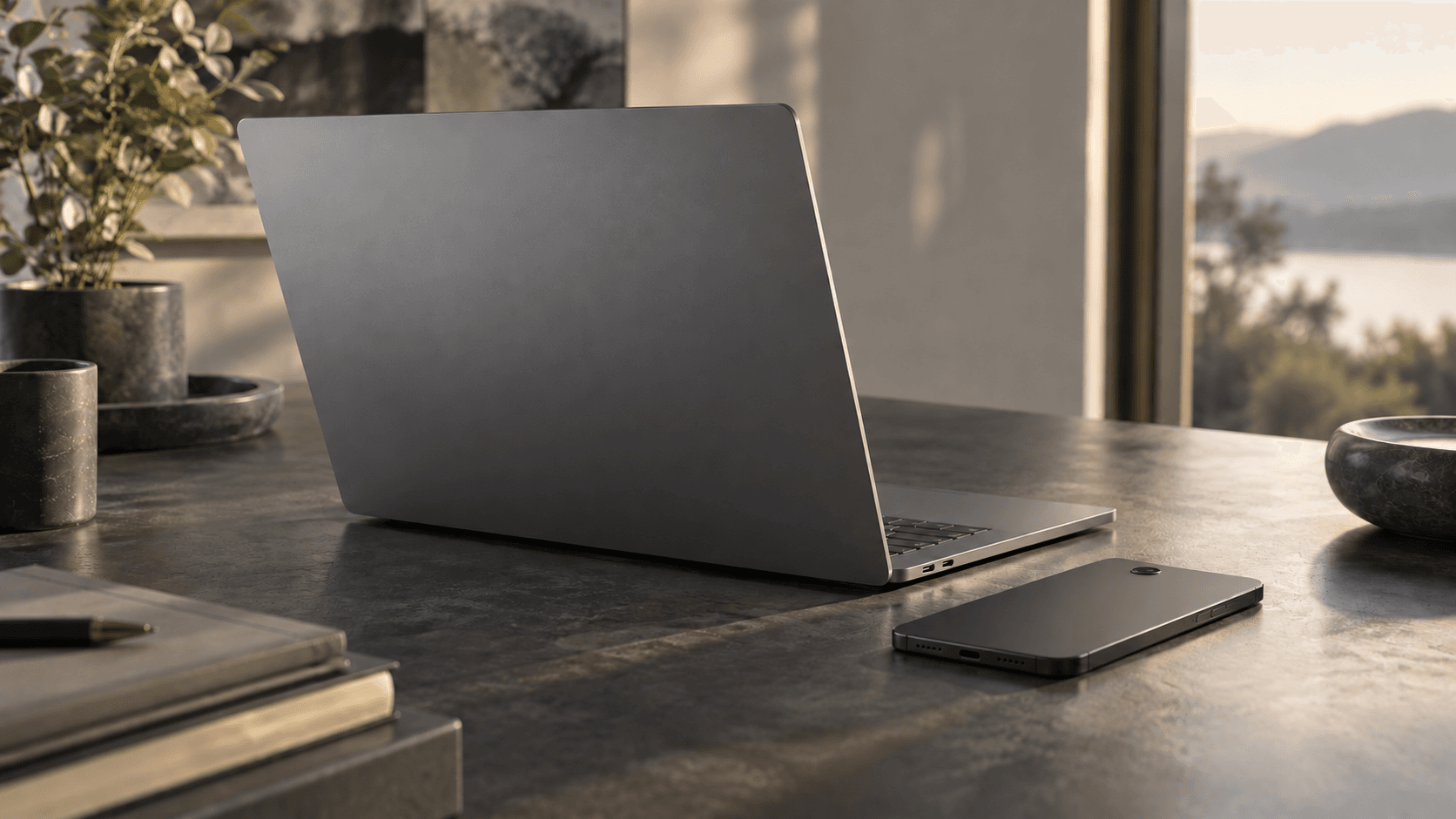 Conceptual editorial still-life of a generic unbranded laptop and phone, not an actual Googlebook product photograph.