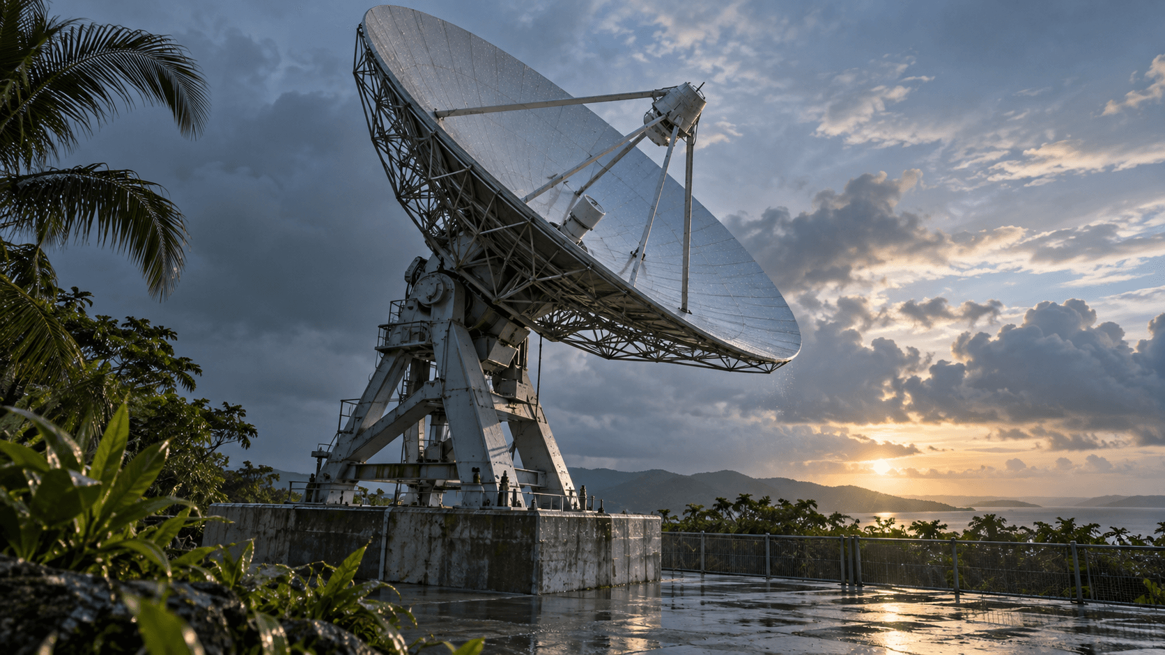 Conceptual editorial photograph of a generic satellite ground antenna beneath clearing storm clouds, not NASA's actual Guam station.