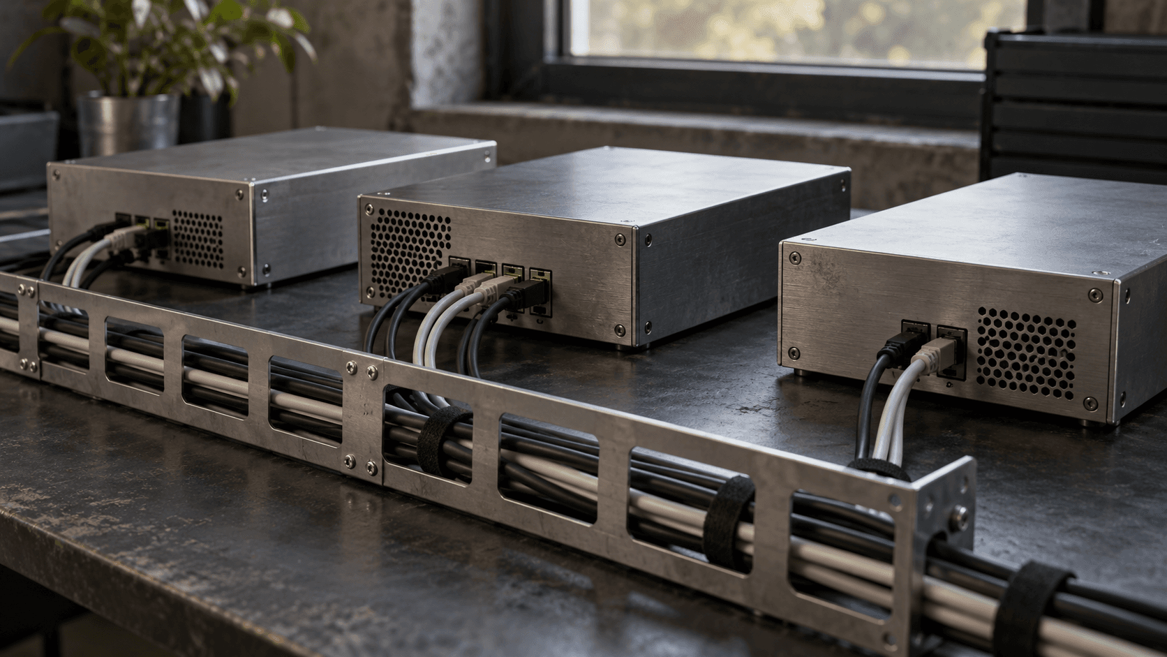Conceptual photograph of three fictional unbranded network enclosures and cables on a workbench, not a Blackwall facility or product photograph.
