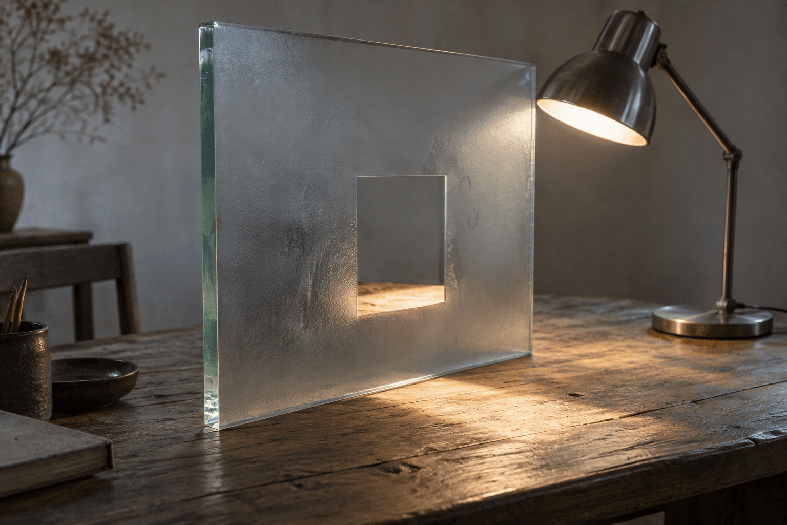 Conceptual photograph of a frosted glass pane with a clear window and a desk lamp. A fictional illustration of partial visibility, not Anthropic or METR premises.
