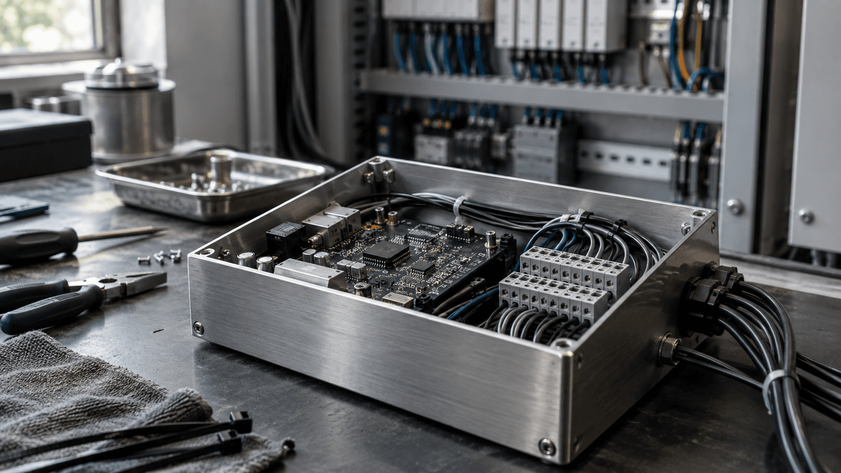 Conceptual photograph of generic industrial electronics on a maintenance bench, not an affected product or a documented security incident.