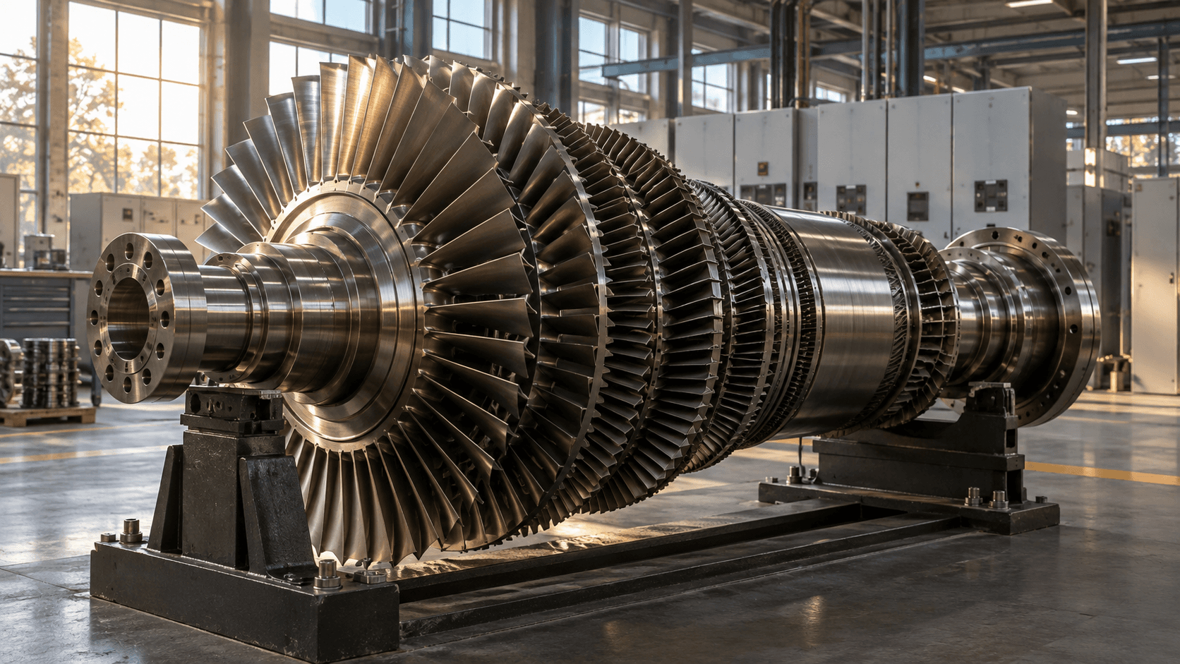 Conceptual industrial photograph of an unbranded turbine rotor and electrical cabinets, not Boom equipment or a Crusoe facility.