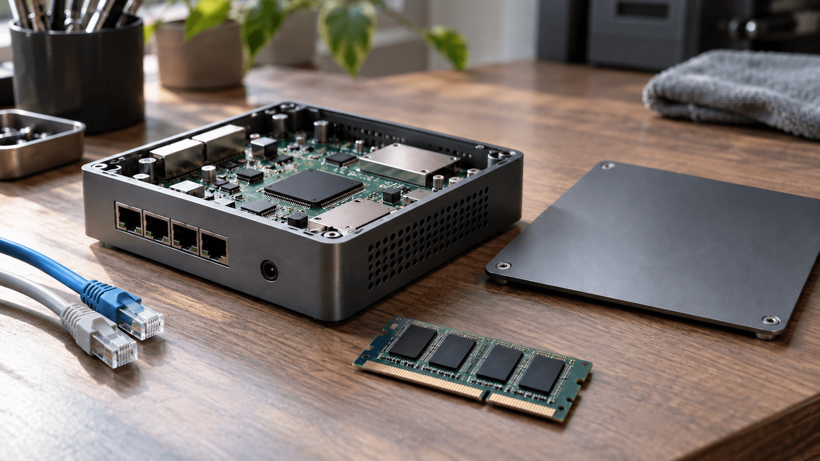 Conceptual photograph of a fictional unbranded network appliance, its detached lid and a blank memory module on a workbench. Not an actual compromised device or incident scene.