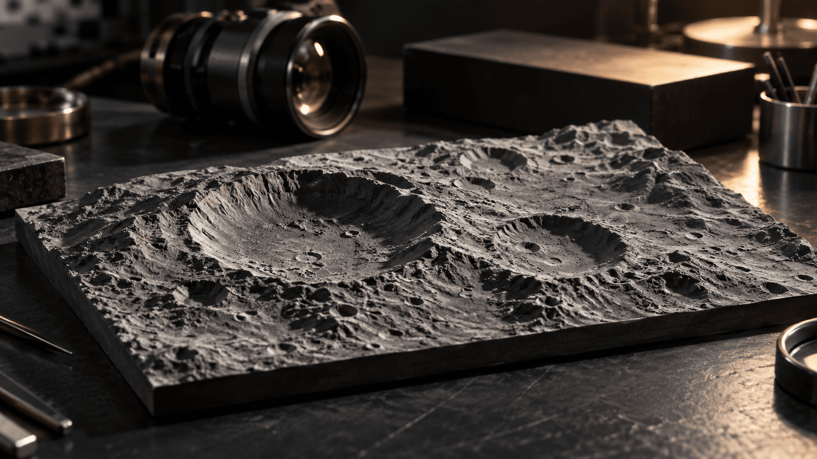 Conceptual editorial photograph of a fictional lunar-terrain relief model on a workbench, not an actual lunar observation or NASA or IBM research equipment.