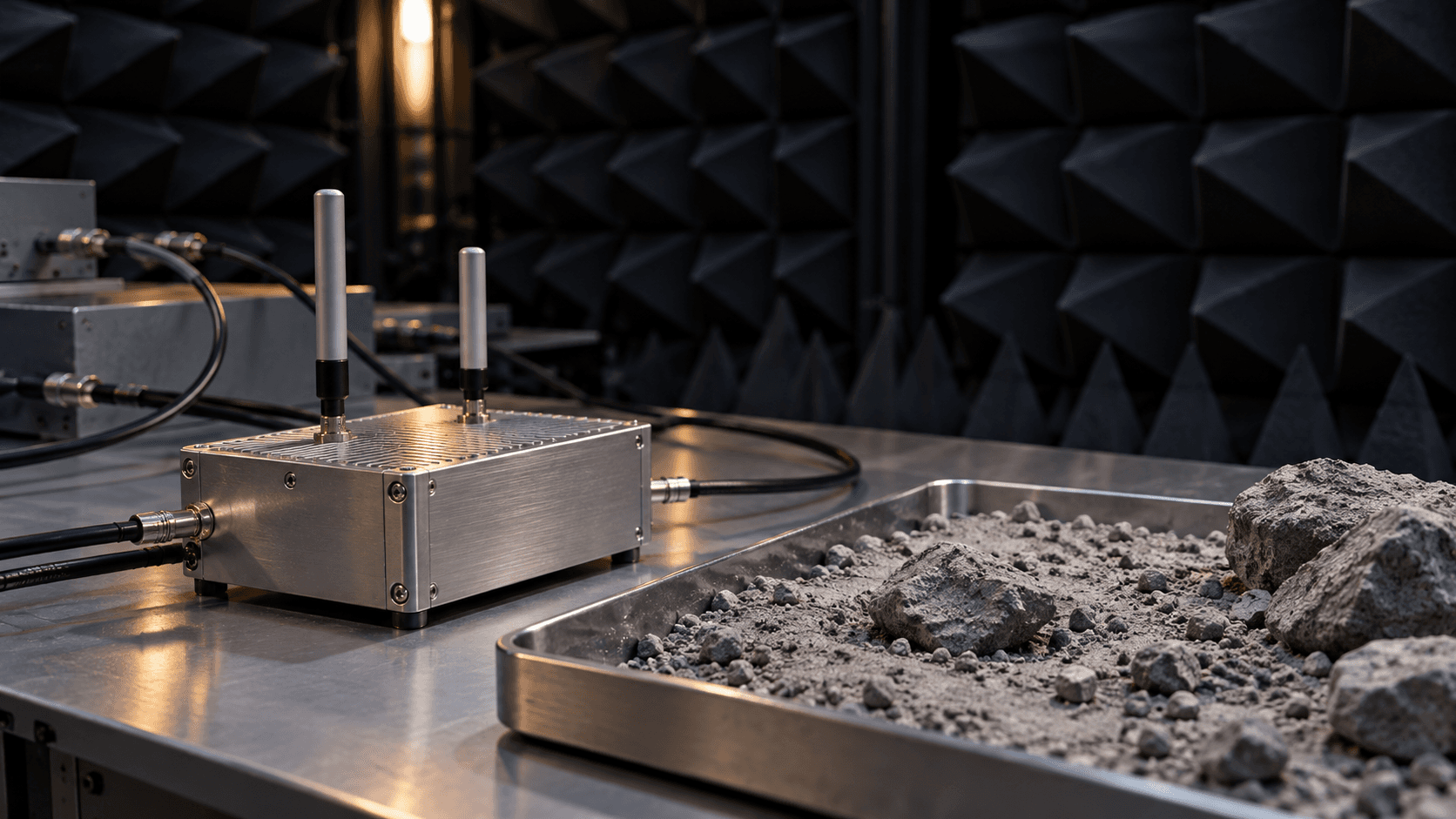Conceptual photograph of an unbranded radio beside simulated lunar regolith in a fictional laboratory, not a documentary image of NASA hardware or a completed test.