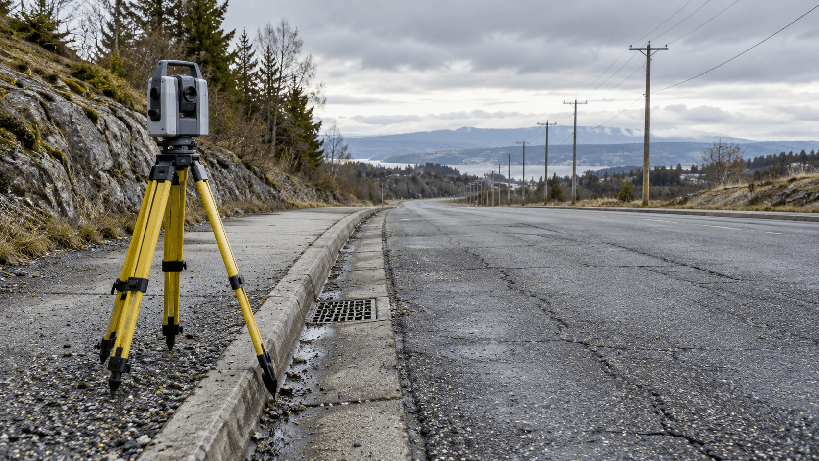 Conceptual roadside surveying scene with an unbranded tripod instrument, worn pavement and utility poles. Not an actual Mach9 product or customer project.