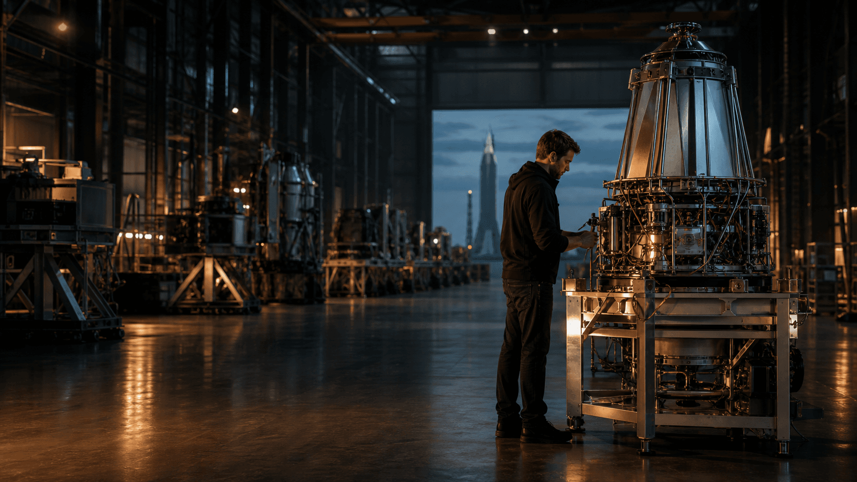 A founder evaluating a precision-built system inside an advanced fabrication studio