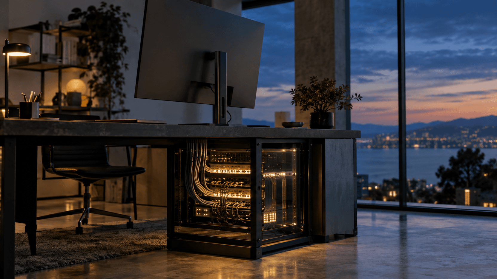Conceptual editorial photograph of a quiet workspace with a monitor above a glass-fronted server enclosure, not a documentary image of an actual company office.