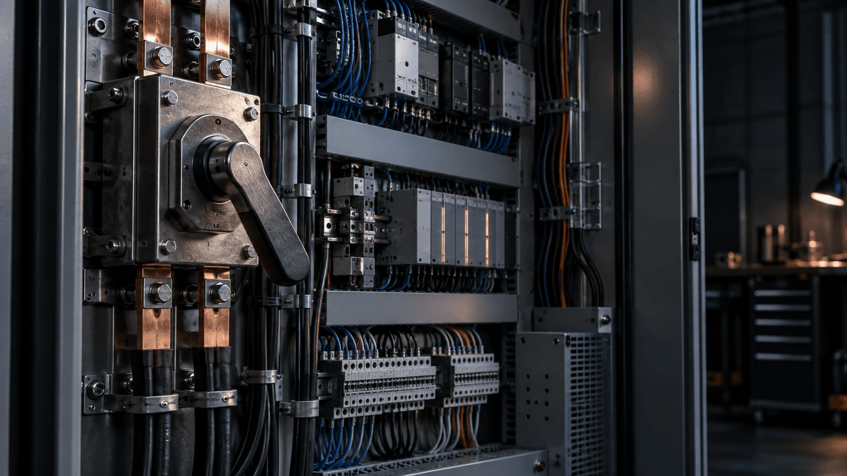 Conceptual editorial photograph of an unbranded control cabinet and mechanical isolation switch, not an actual AI system or company installation.