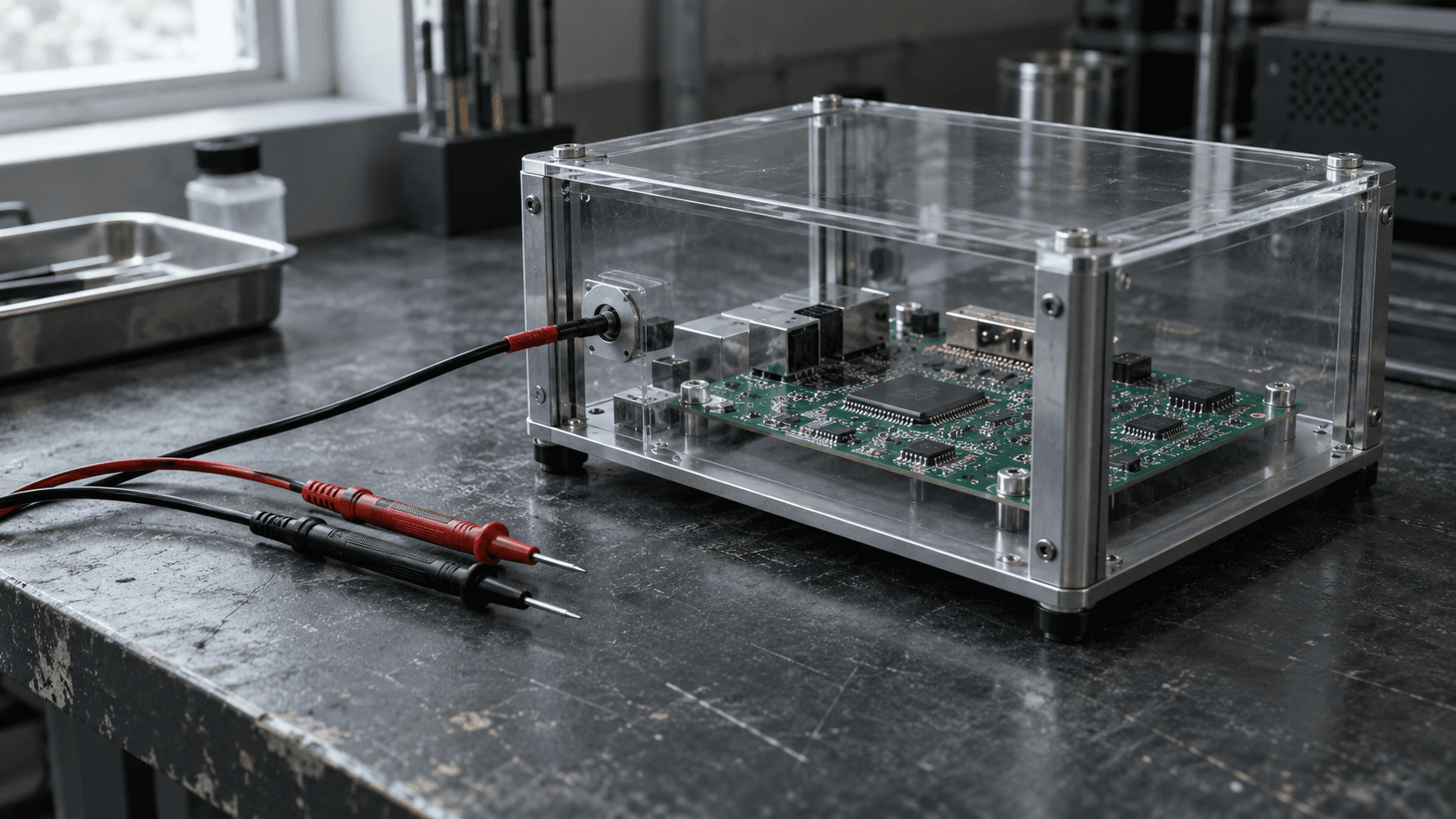 Conceptual circuit board inside a clear test enclosure with probes on a laboratory bench, not Mistral hardware or a documented security experiment.