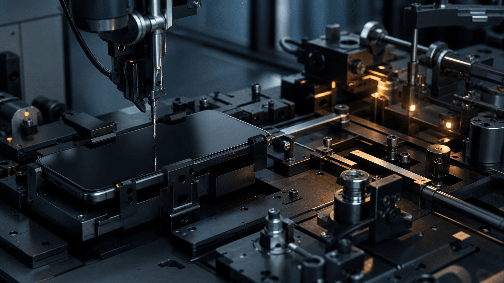 A robotic probe stalled inside a complex smartphone testing rig