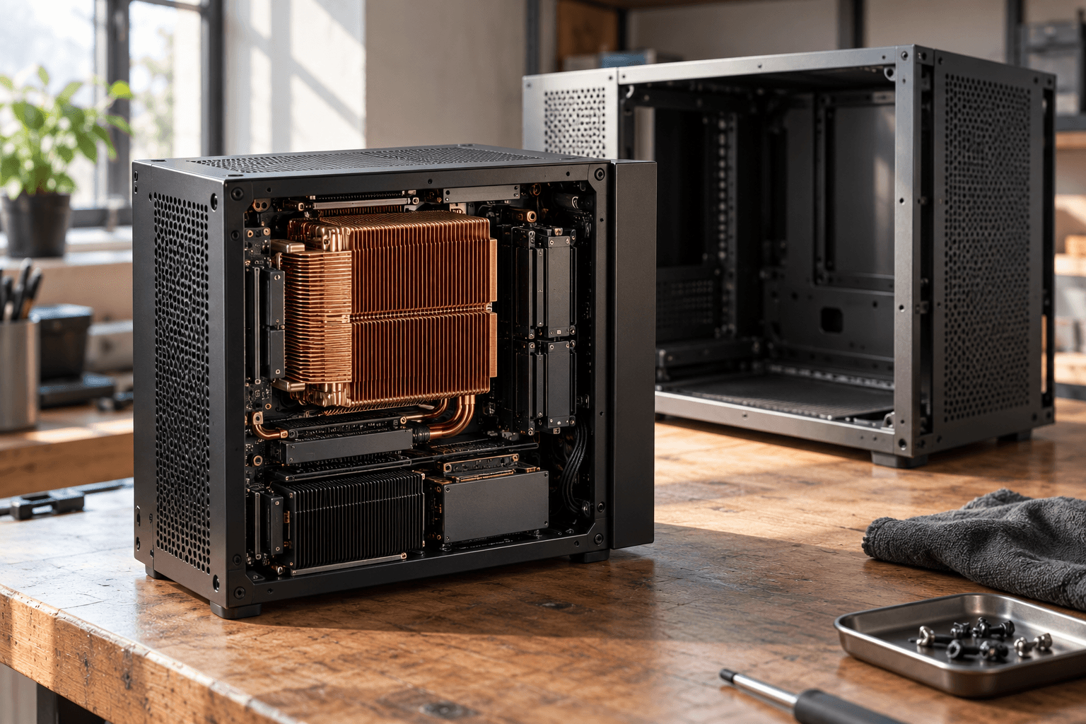 Conceptual photograph of two unbranded computer enclosures on a workbench, one densely packed with copper cooling fins.