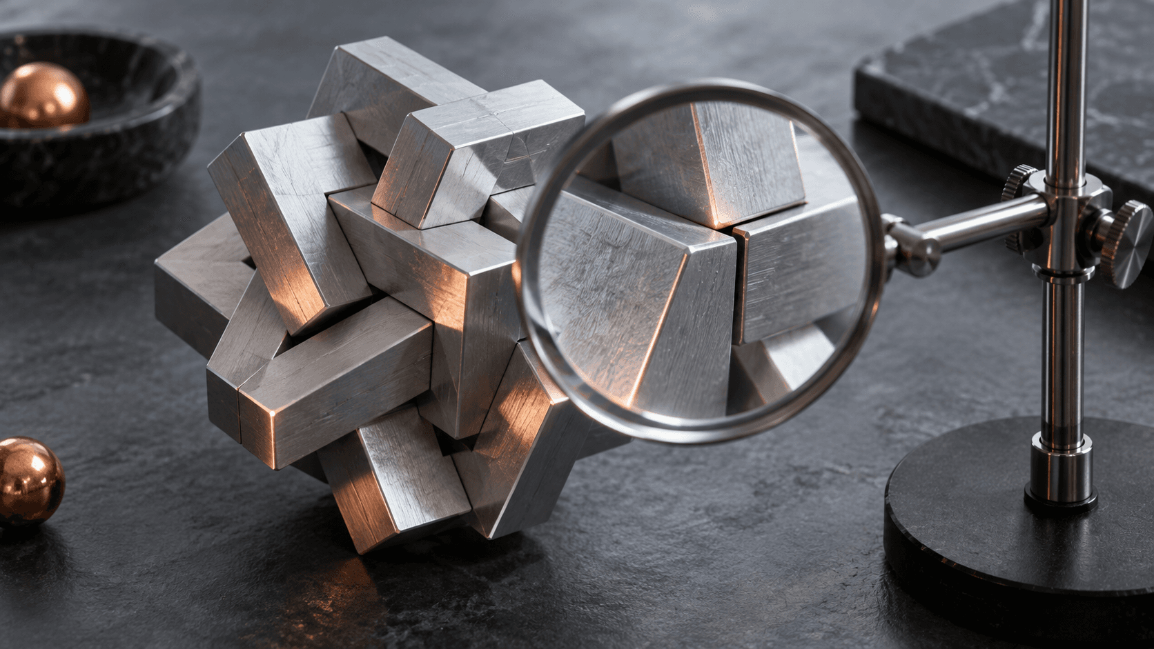Conceptual editorial photograph of an unbranded metal geometric assembly examined through a magnifying lens, not actual Nvidia equipment or a mathematical experiment.