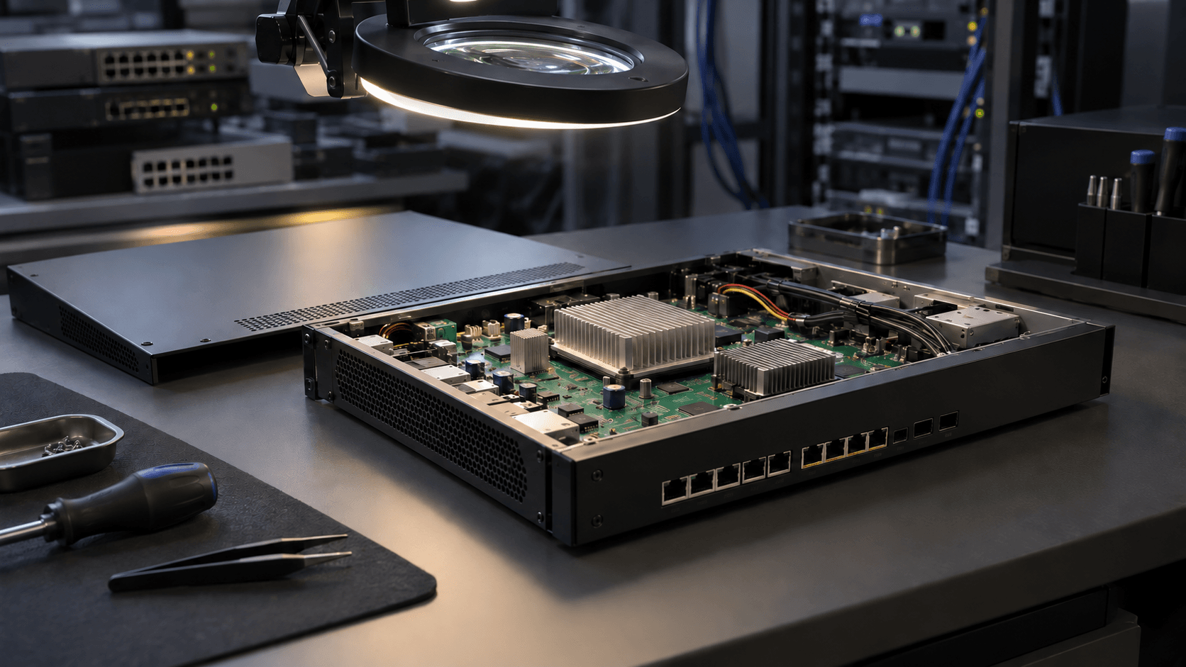 Conceptual studio photograph of unbranded network hardware being inspected on a workbench, not an affected product or documented attack.
