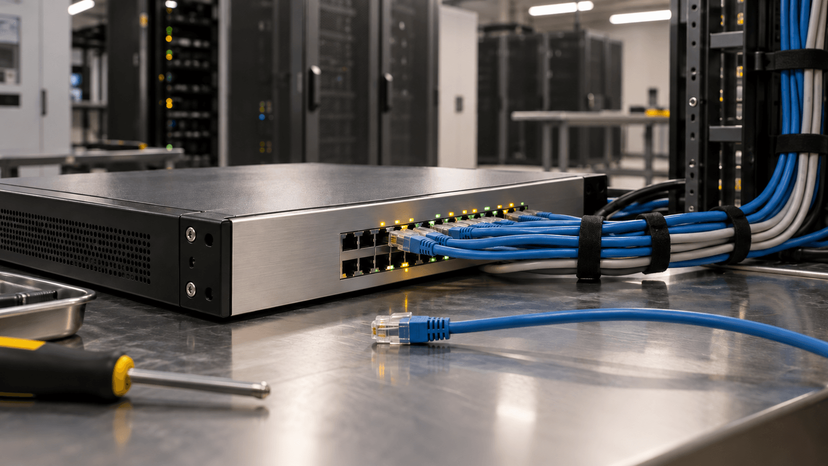 Conceptual photograph of unbranded network equipment and cables on a maintenance bench, not a real Citrix appliance or breach location.