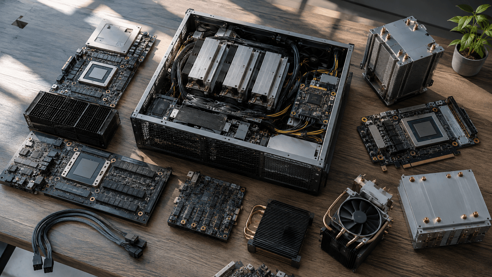 Conceptual editorial still life of unbranded processor boards and cooling assemblies surrounding an open computing chassis