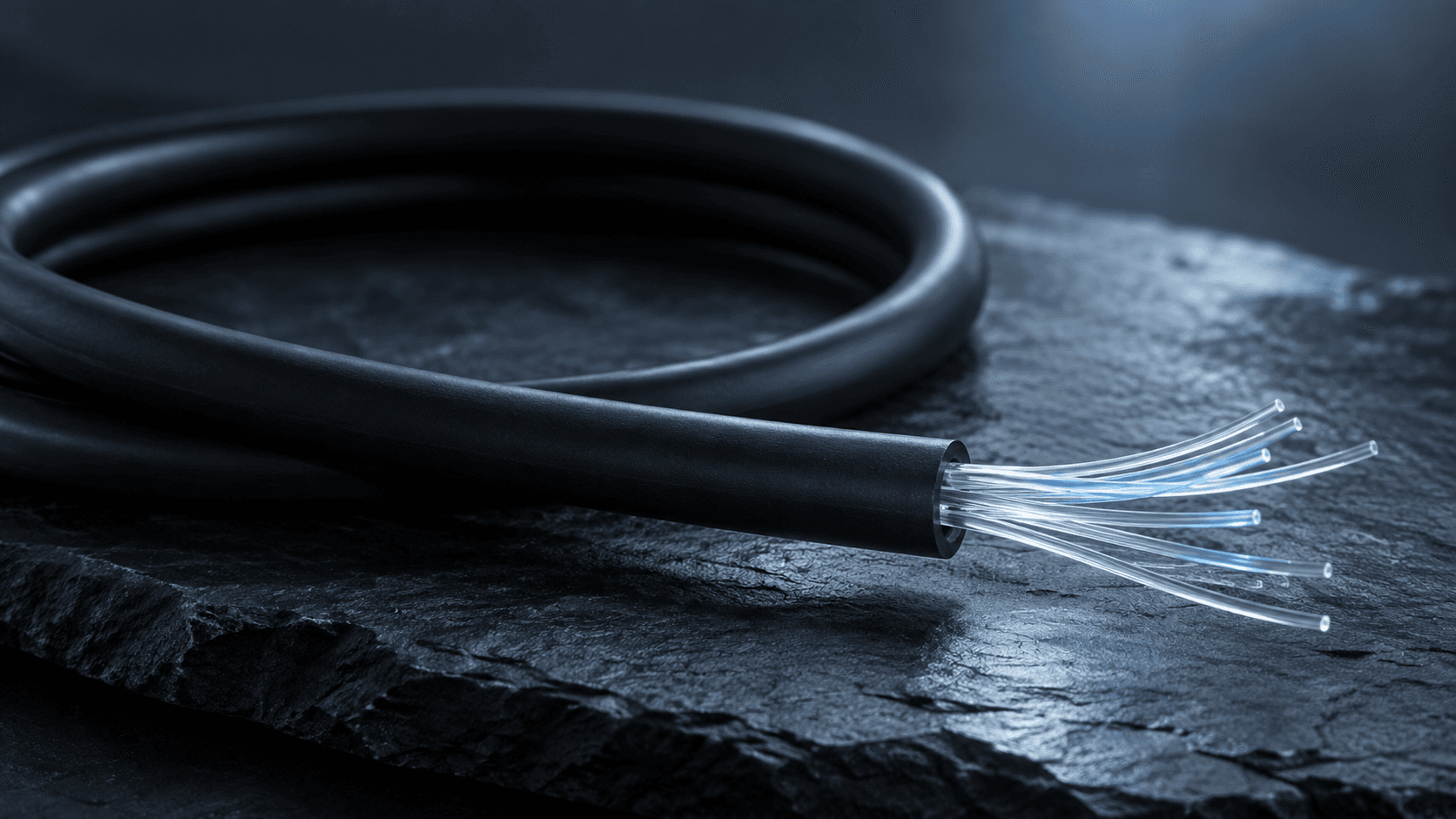 Conceptual studio photograph of an invented unbranded cable sample and clear optical strands, not actual Petal equipment or documentary evidence of deployment.