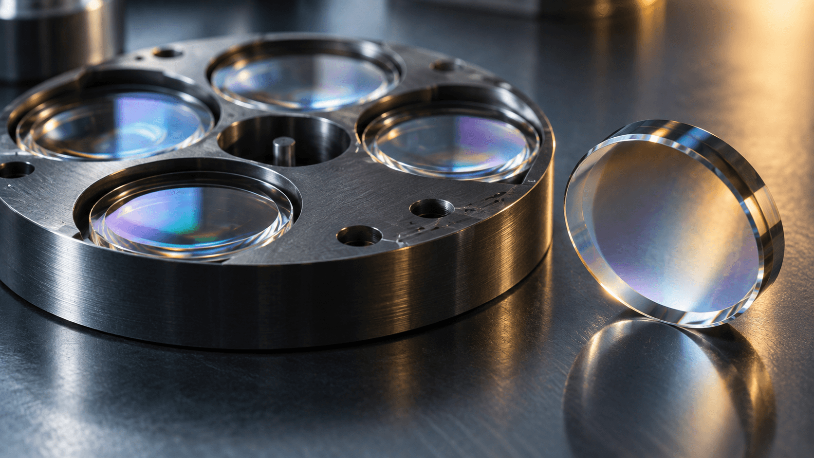 Conceptual editorial still life of generic optical glass in a metal carrier, not actual Morphotonics equipment or a photograph of its factory.