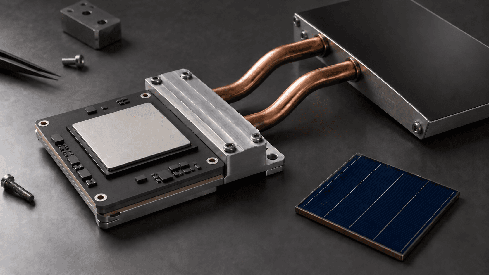Conceptual still life of invented unbranded compute and thermal-control hardware with a solar-cell sample, not actual Google or Planet flight equipment.