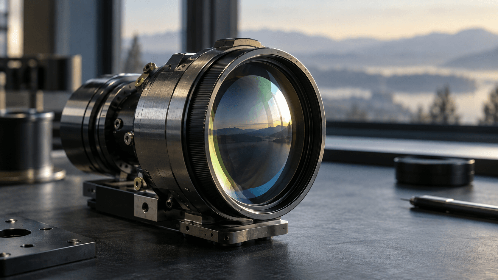 Conceptual photograph of an unbranded optical lens assembly beside a window, not actual CIDAR hardware or a photograph of the challenge.