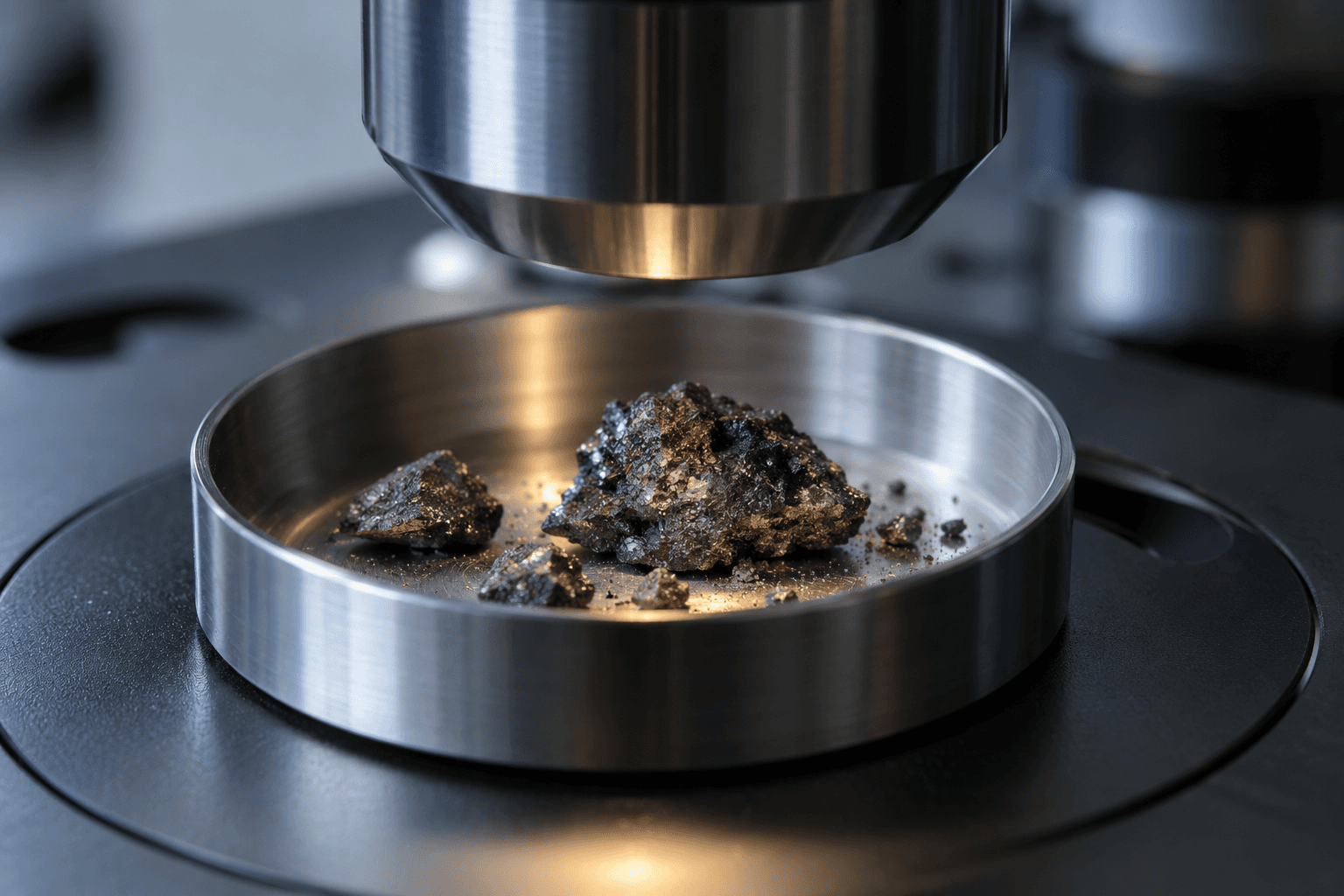 Conceptual laboratory still life of ordinary dark mineral grains beneath an unbranded microscope objective. Not actual Phobos material, MMX hardware or a documentary mission photograph.