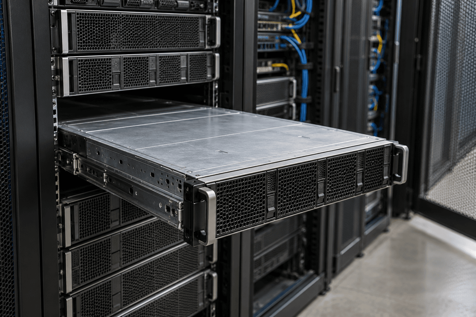 Conceptual server-maintenance scene with an unbranded chassis extended on rack rails. Not an actual PHP2Shell incident or vendor facility.
