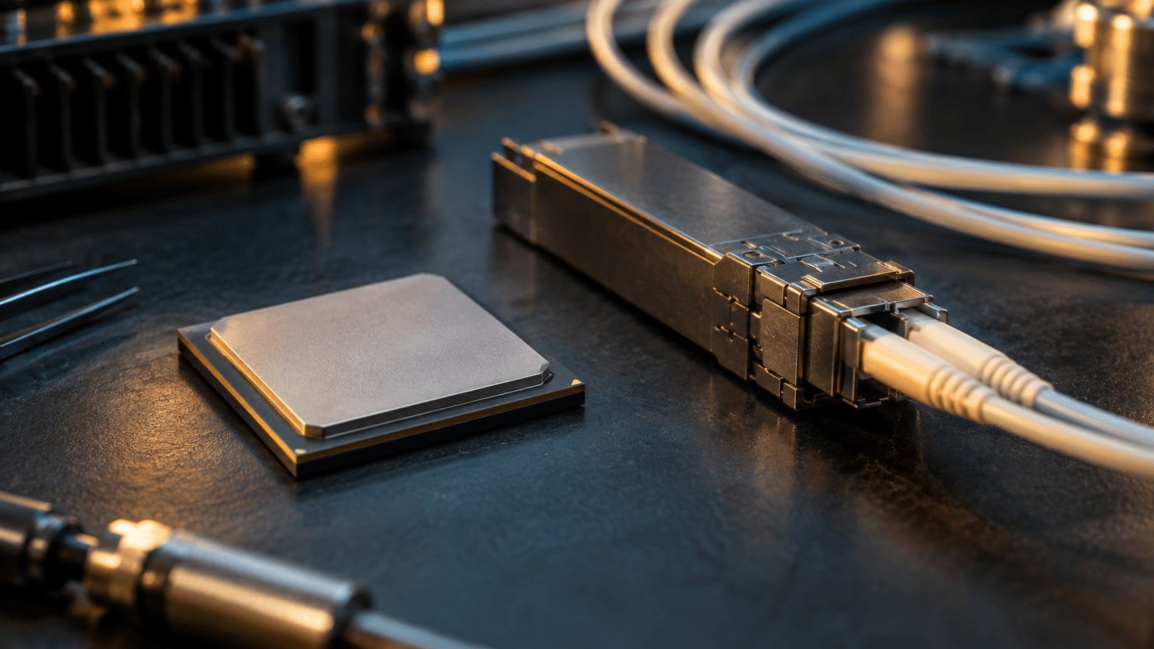 Conceptual editorial photograph of an unmarked processor and optical transceiver, not an actual Qualcomm or Amazon product.
