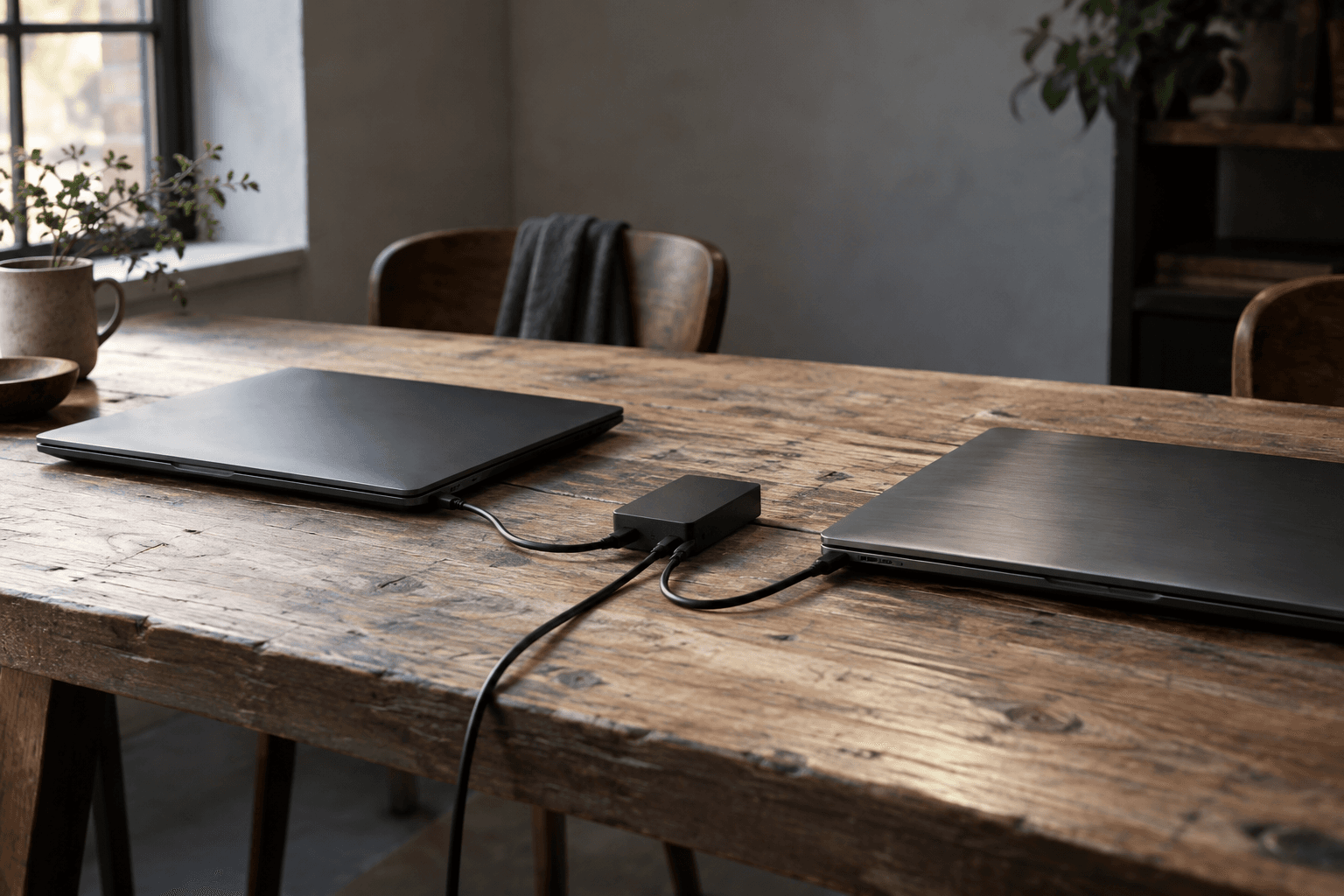 Conceptual photograph of two generic closed laptops and an unmarked adapter on a wooden table. A fictional illustration, not seized equipment or an actual laptop farm.