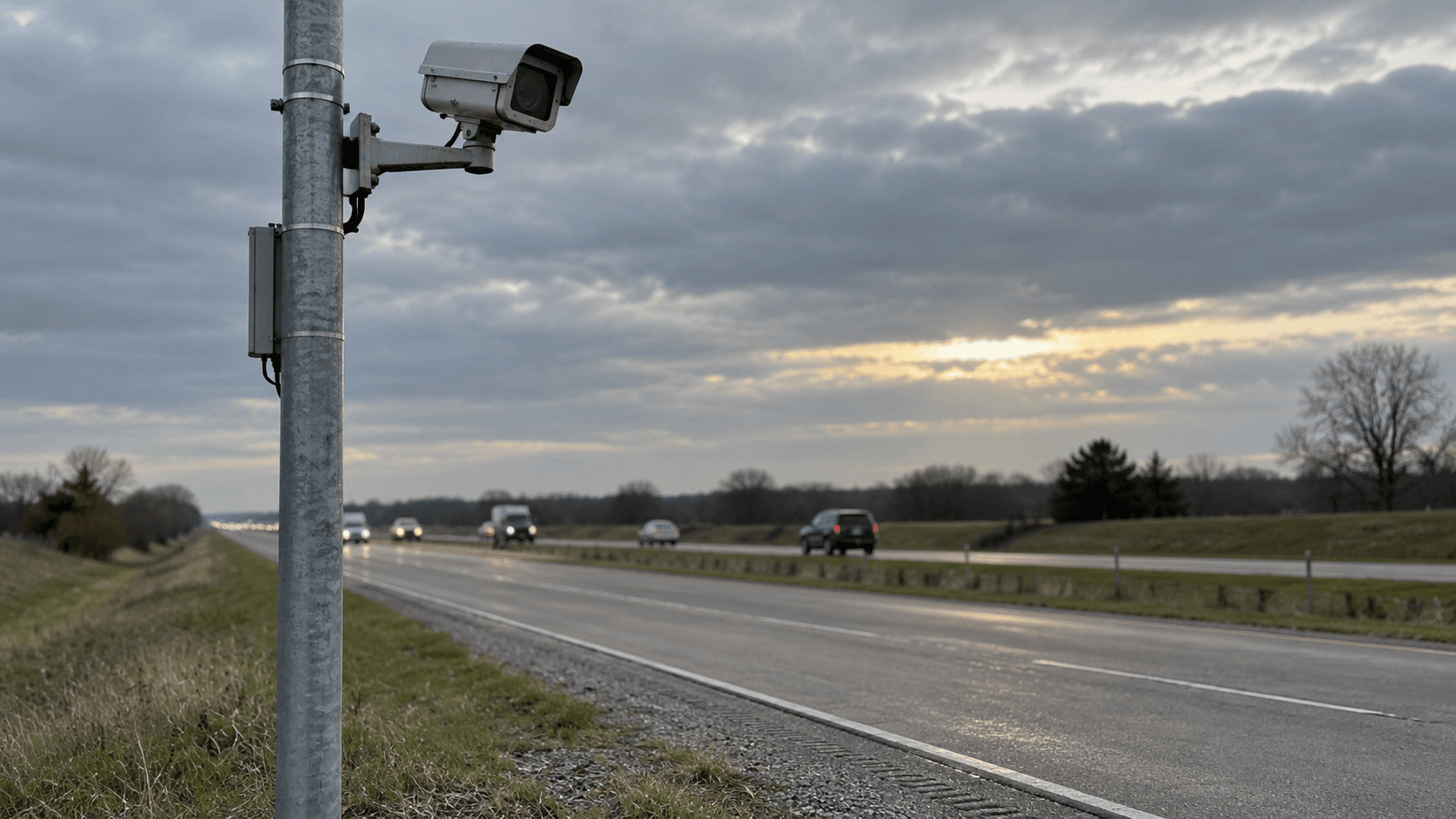 Conceptual roadside camera beside a fictional highway, not a Flock product or a reconstruction of the Kyle traffic stop.