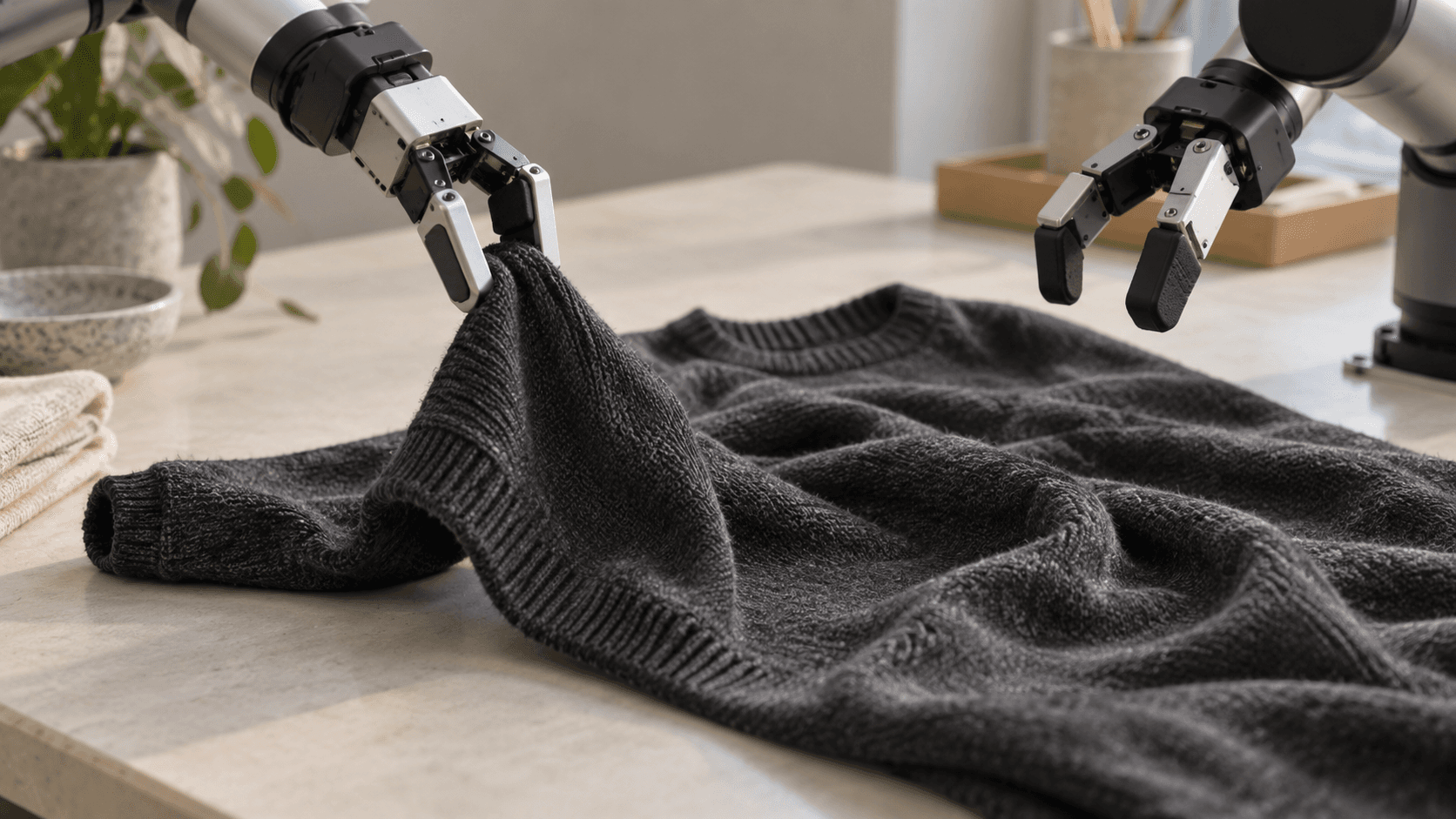 Conceptual image of generic robotic grippers handling a sweater; not the NEEDLEWORK apparatus, an actual laboratory or a documented experiment.