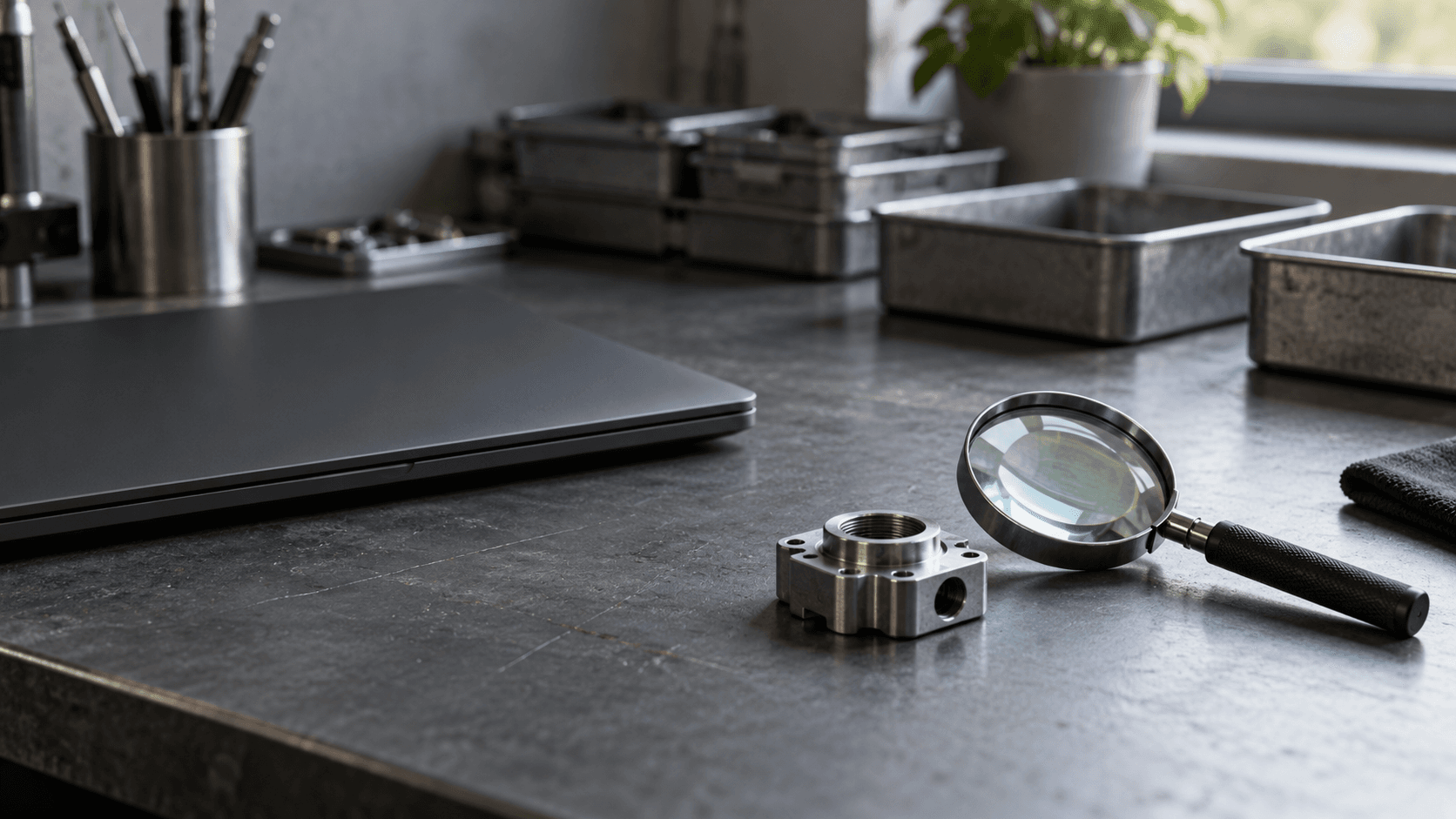 Conceptual still life of an unbranded closed laptop, magnifying glass and metal component; not a Google workplace or an actual security investigation.