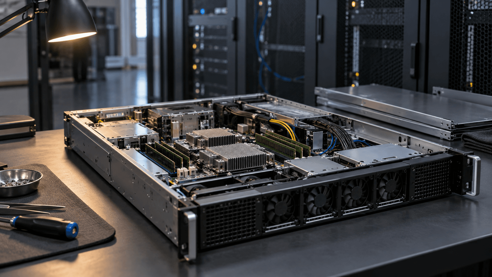 Conceptual photograph of an unbranded server on a maintenance bench, not a documented intrusion or forensic investigation.