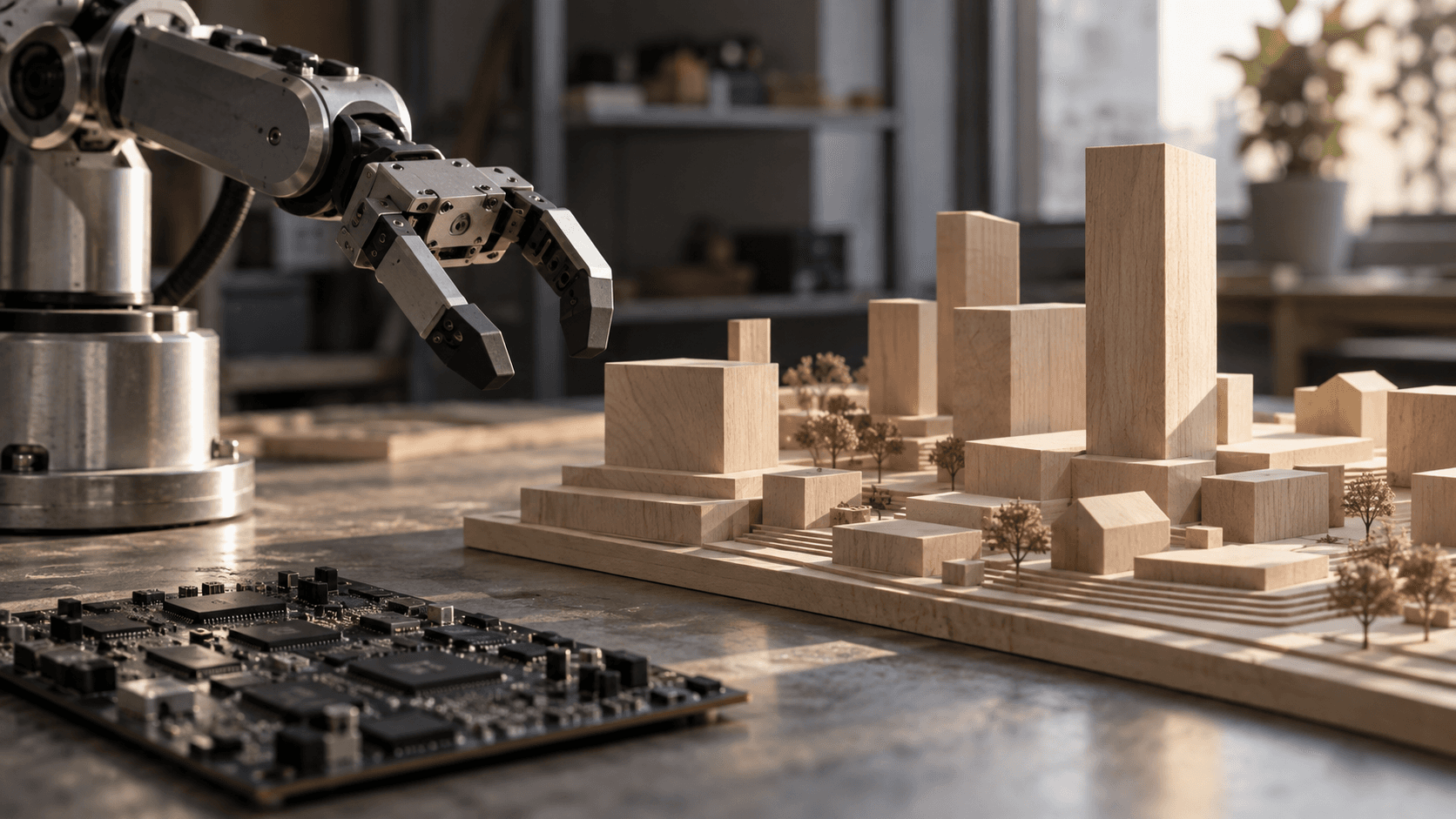Conceptual photograph of a generic robotic gripper, wooden architectural model and unbranded circuit board, not actual AMD or World Labs hardware.
