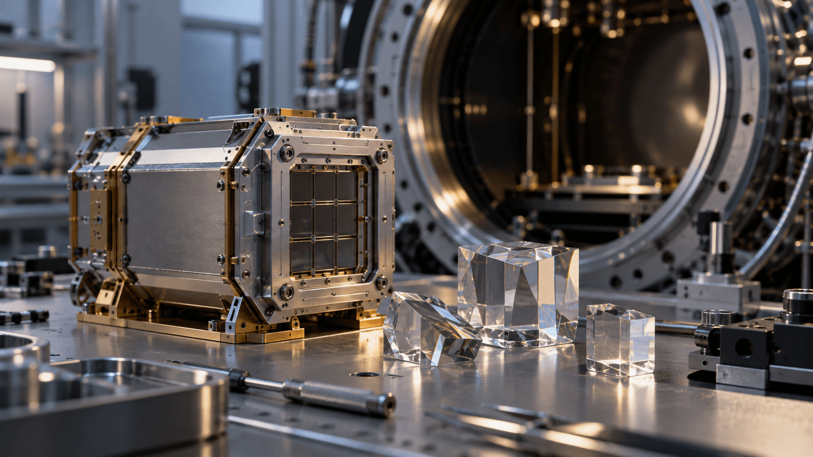 Conceptual editorial photograph of generic detector hardware and optical crystals in a fictional instrument laboratory, not actual StarBurst hardware or a NASA facility.