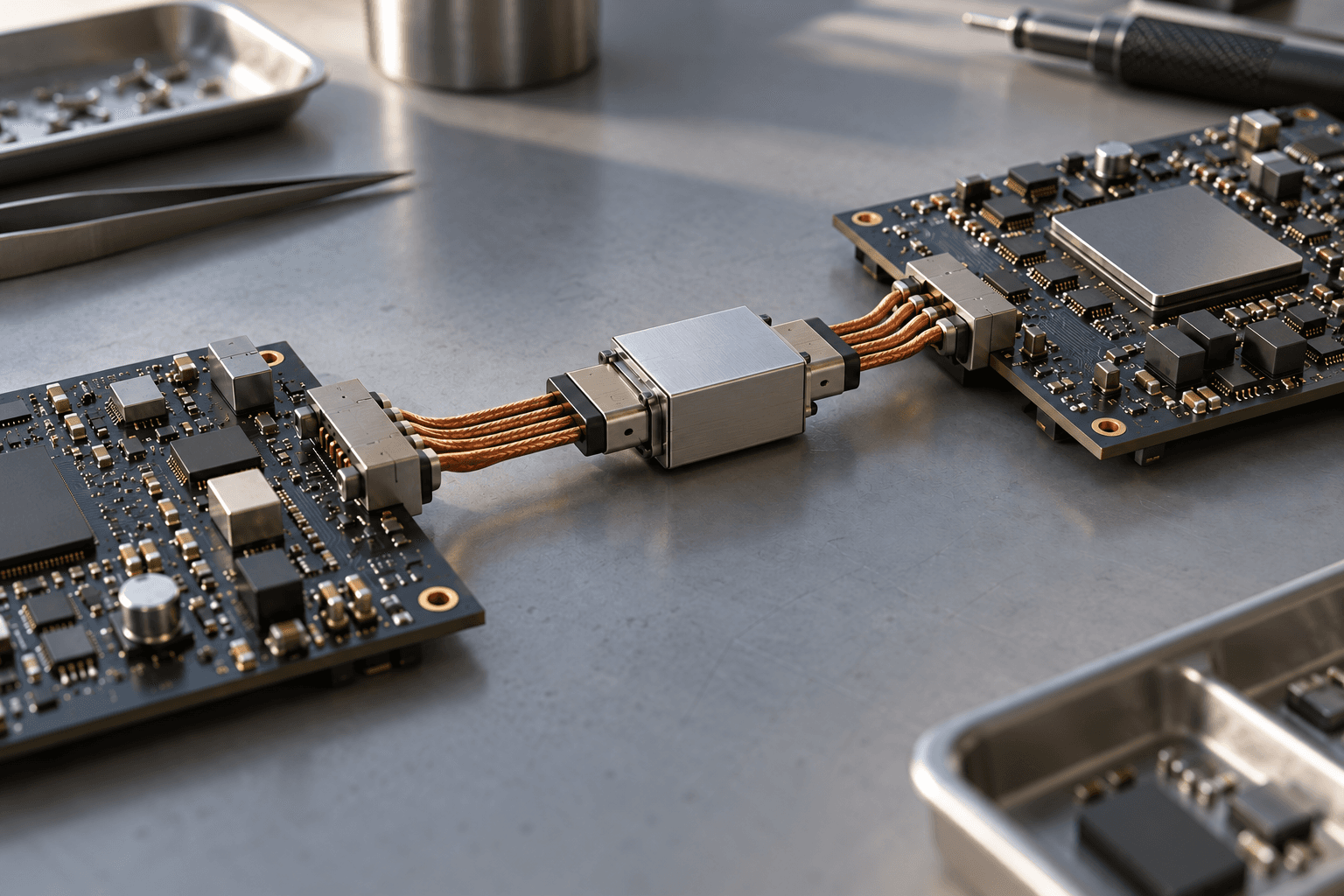 Conceptual still-life of two fictional unbranded circuit boards connected through a plain metal adapter on a workbench.