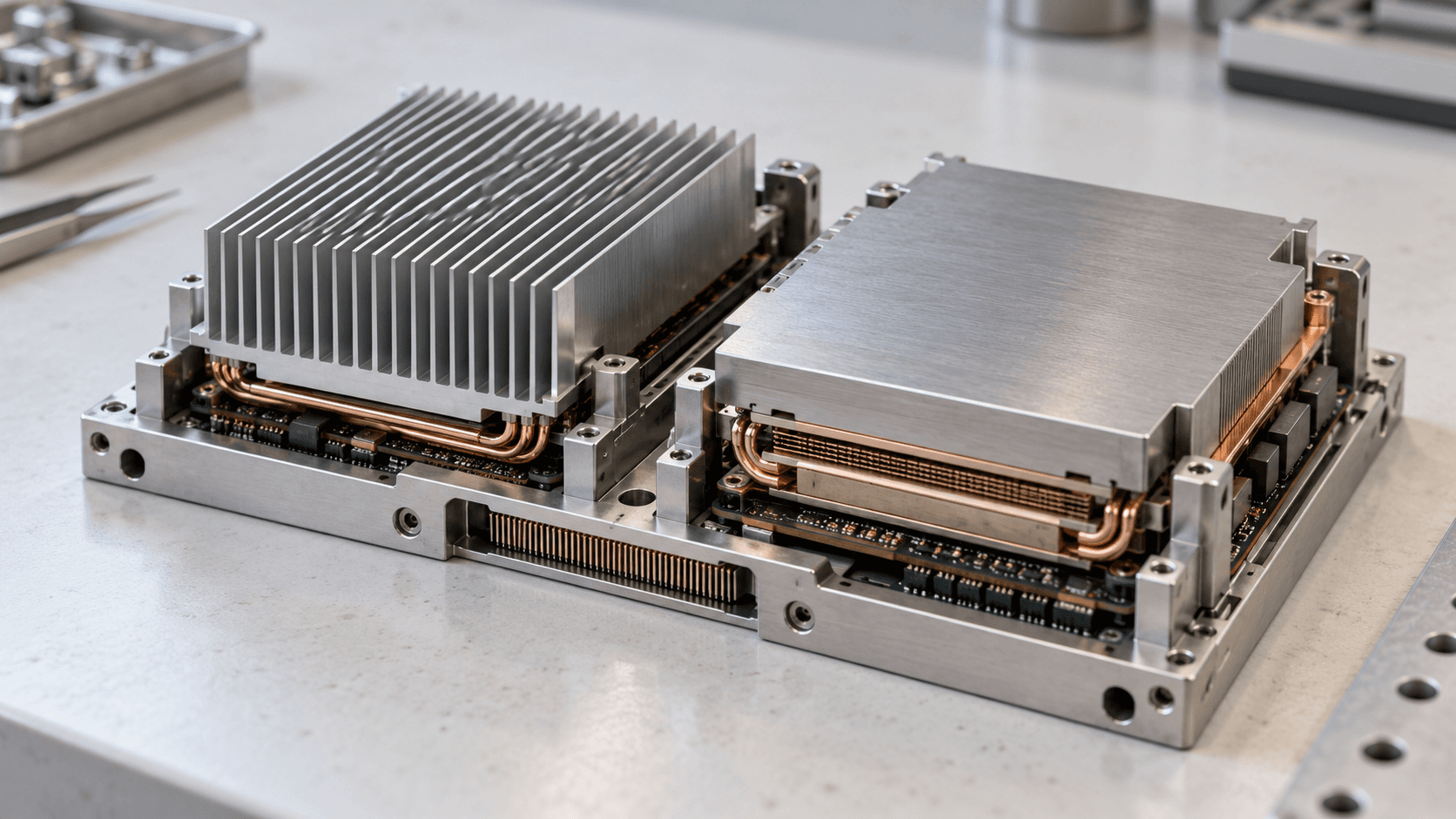 Conceptual photograph of two fictional unbranded compute modules in a shared frame, not a photograph of Google hardware or a company facility.
