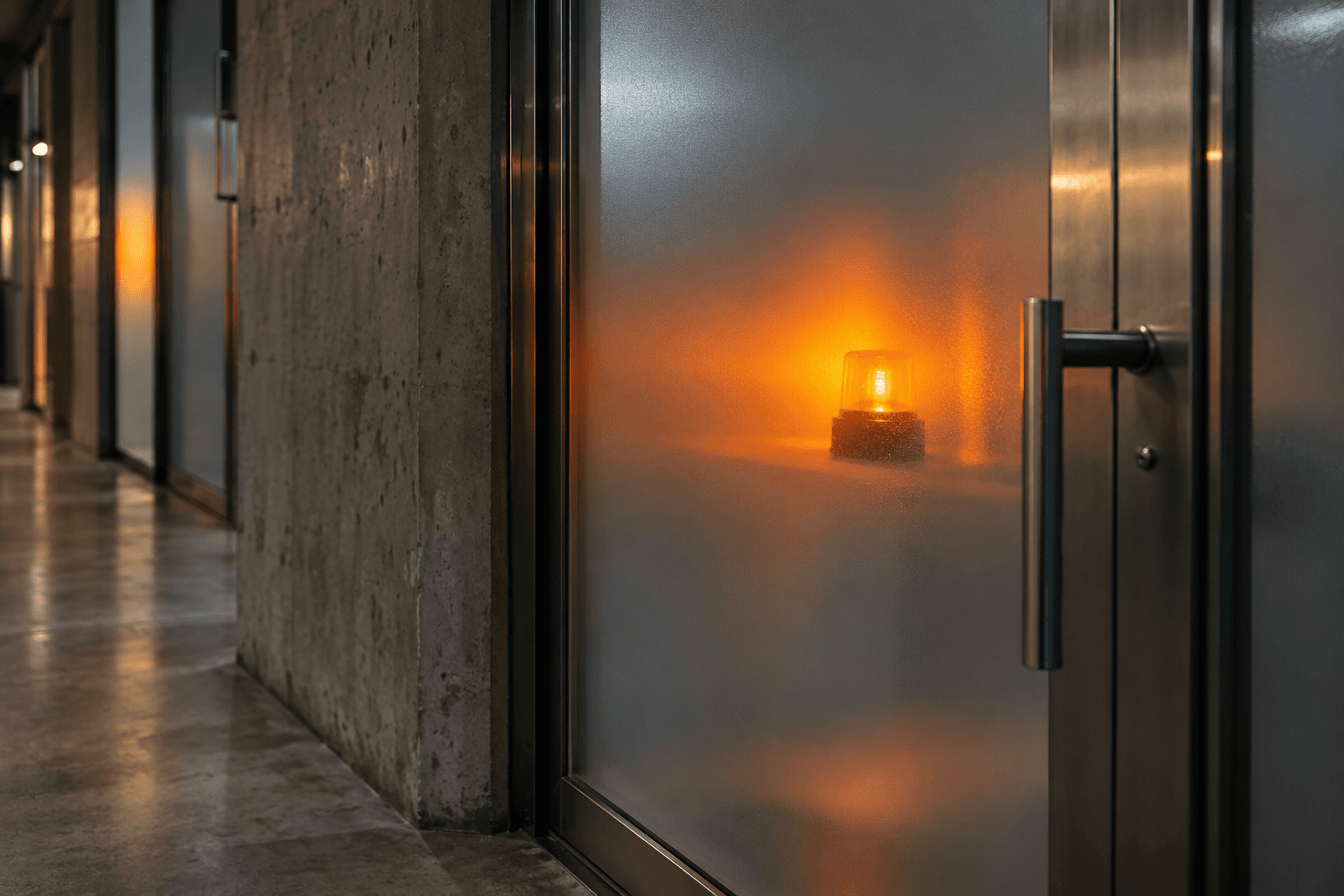 Conceptual photograph of an amber warning beacon glowing behind frosted glass in a fictional industrial corridor. Not a real company facility or documentary image of the intrusion.