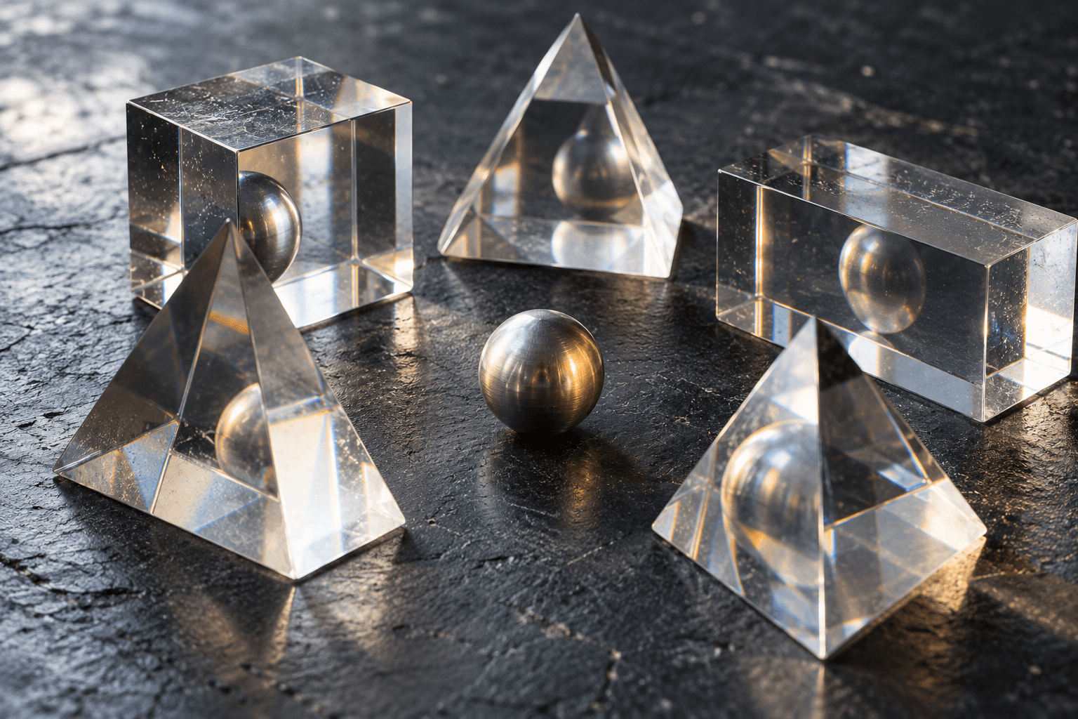Conceptual studio still life of unbranded glass prisms around a metal sphere on slate. Not actual certificate authority infrastructure or a documentary photograph.