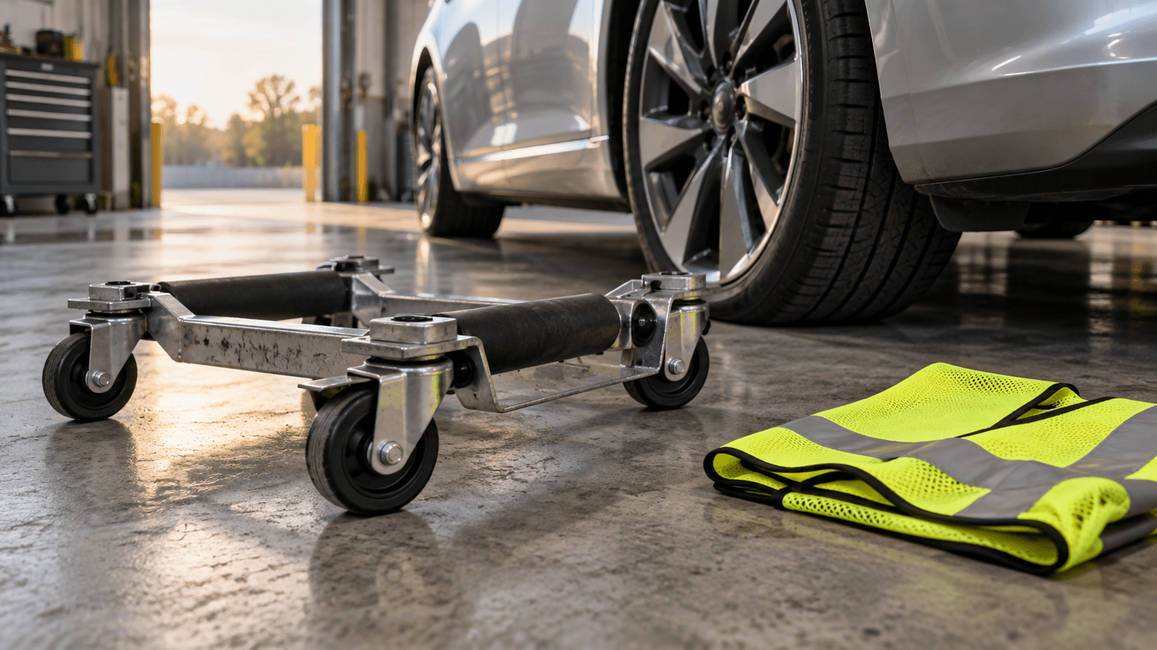 Conceptual photograph of a generic wheel dolly and safety vest in a fictional vehicle-service depot, not a documentary image of any robotaxi company or emergency incident.