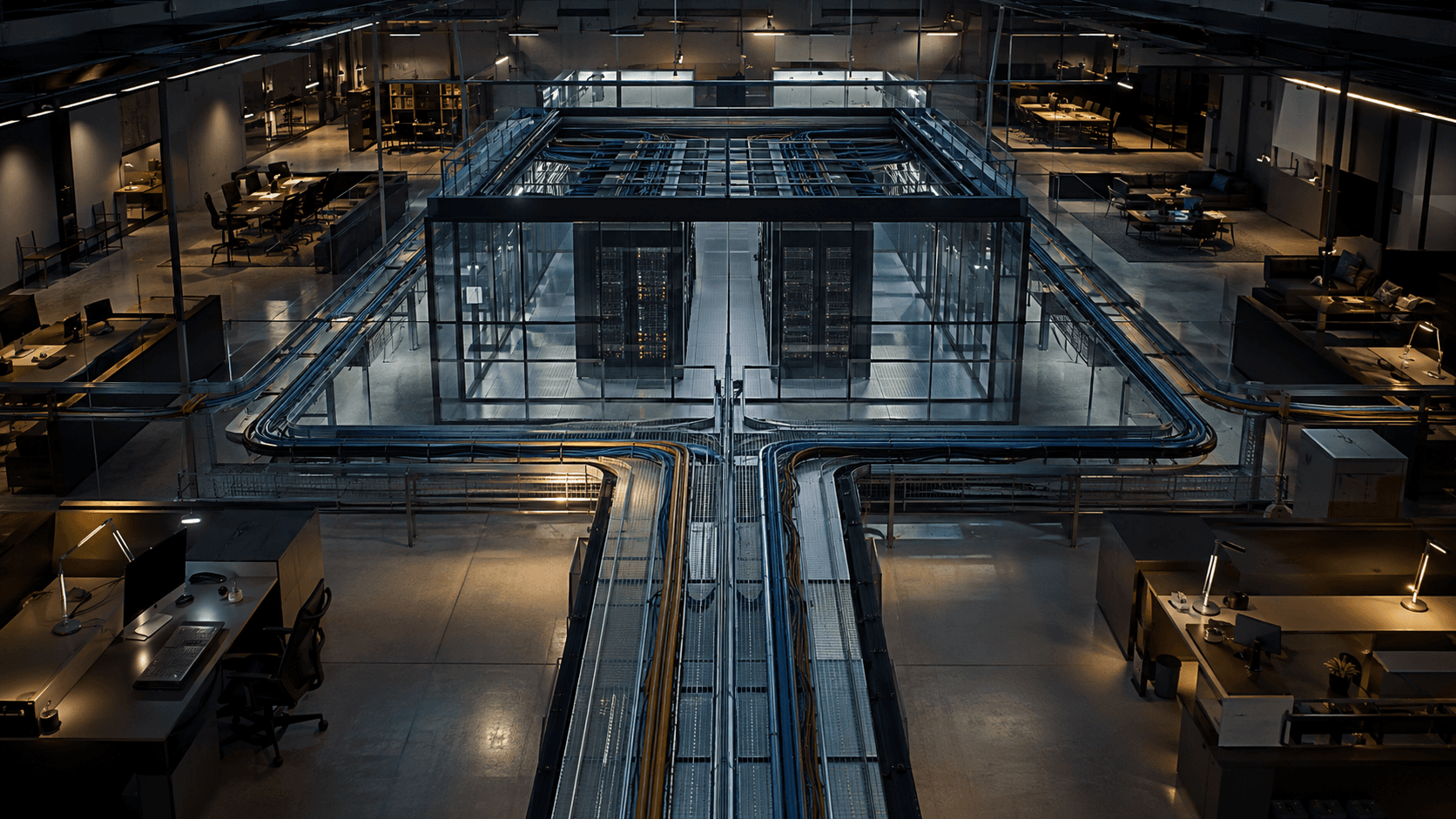 A photorealistic enterprise operations floor with modular work areas connected to a central secure computing core